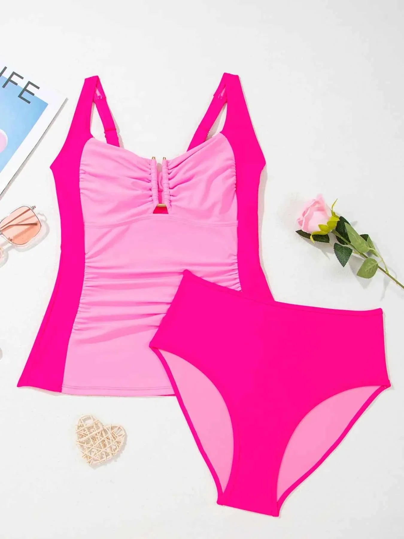 Ruched Tummy Control Tankini 2pcs Swimsuit
