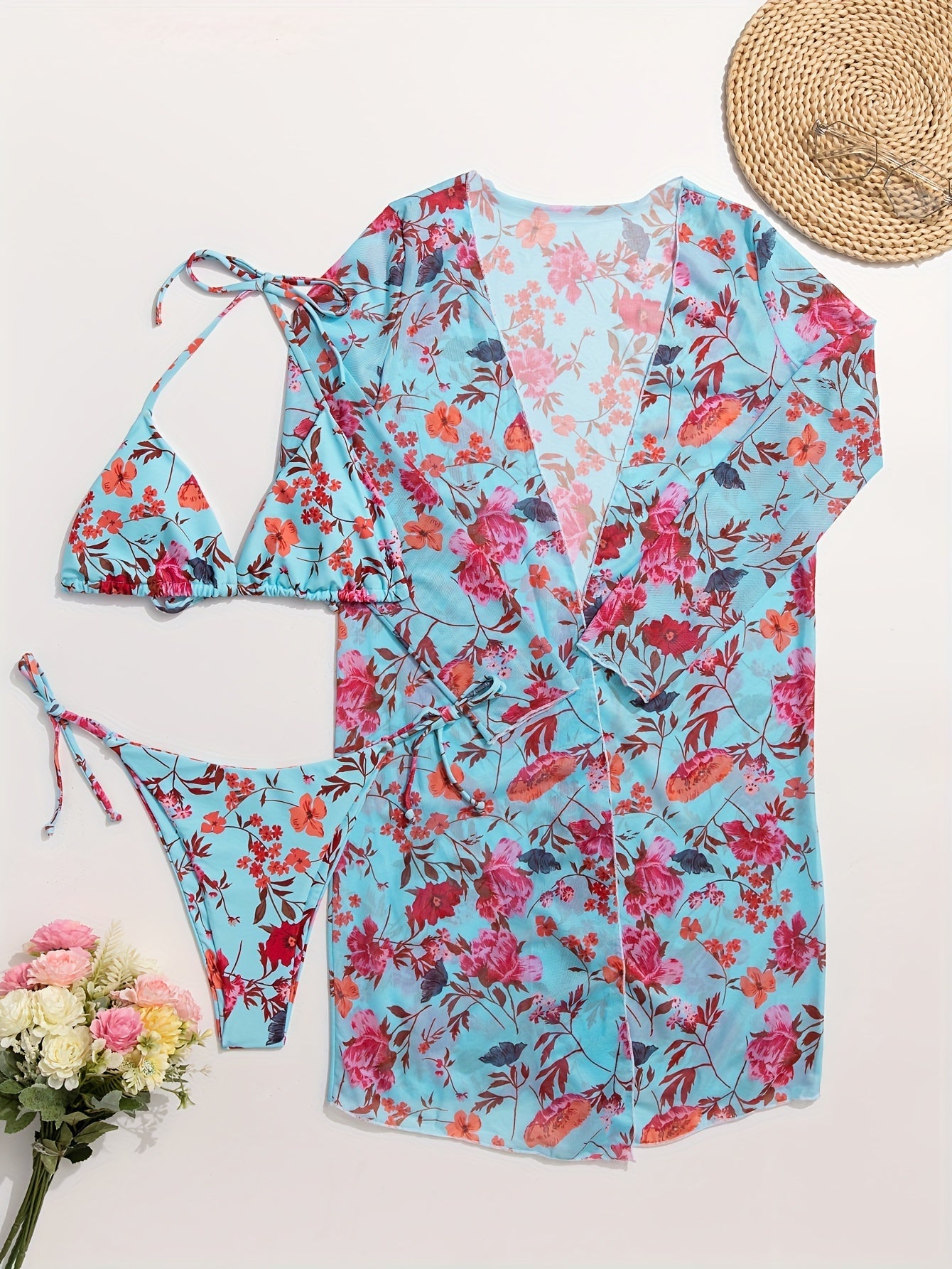European Style Floral Print 3 Piece Swimsuit Set