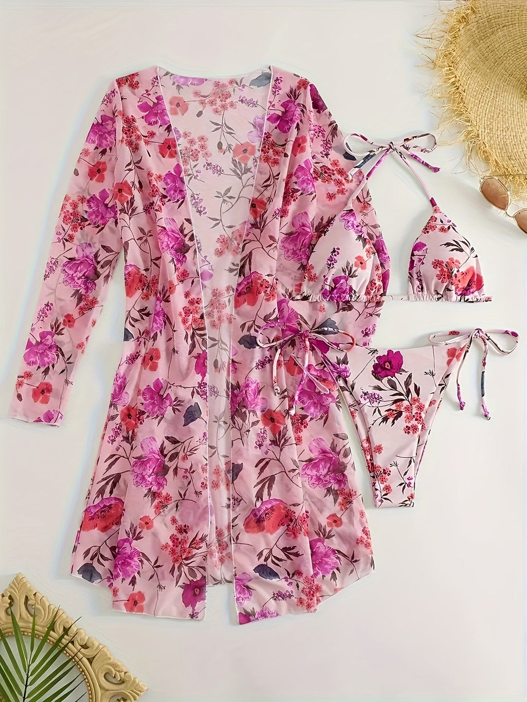 European Style Floral Print 3 Piece Swimsuit Set