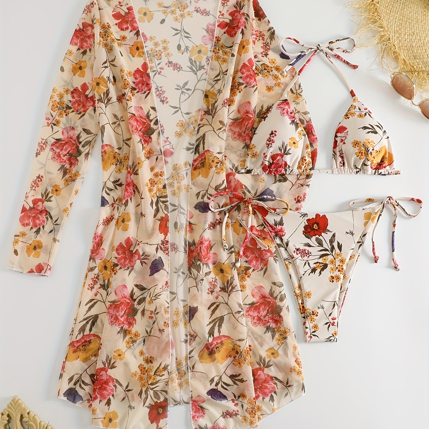European Style Floral Print 3 Piece Swimsuit Set