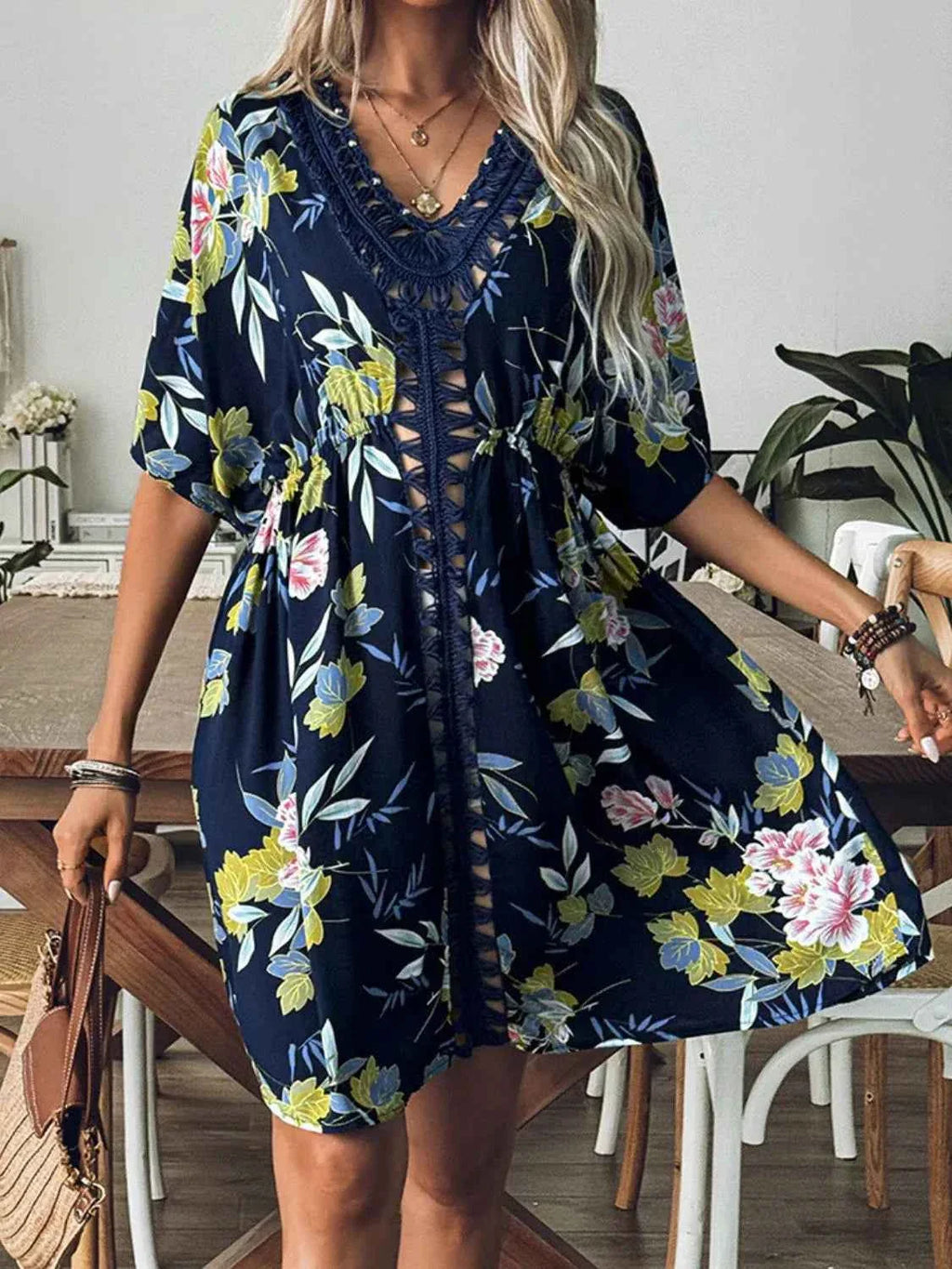 Crochet Front V-Neck Printed Cover-Up