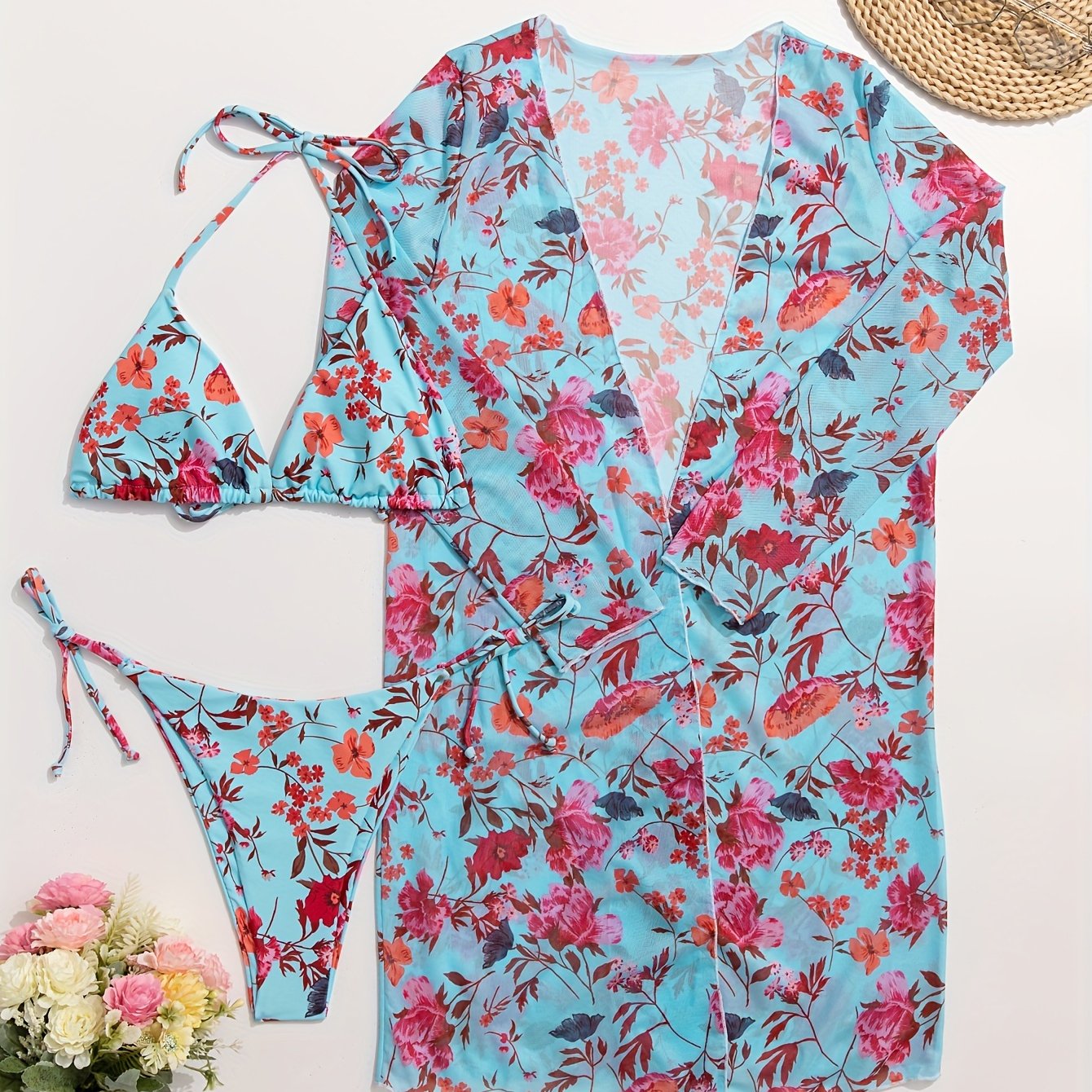 European Style Floral Print 3 Piece Swimsuit Set