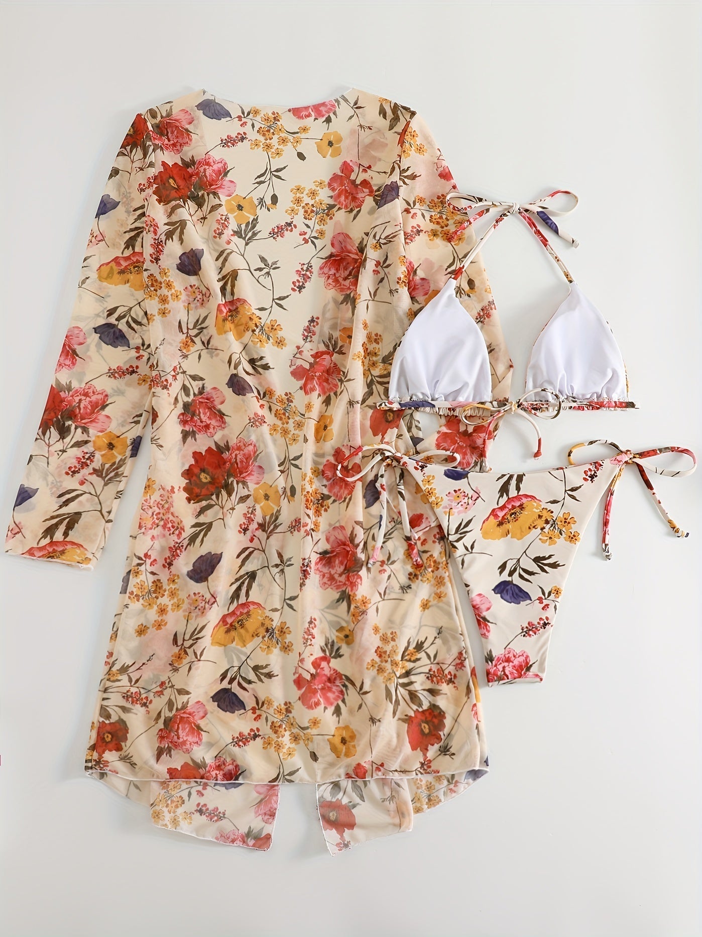 European Style Floral Print 3 Piece Swimsuit Set