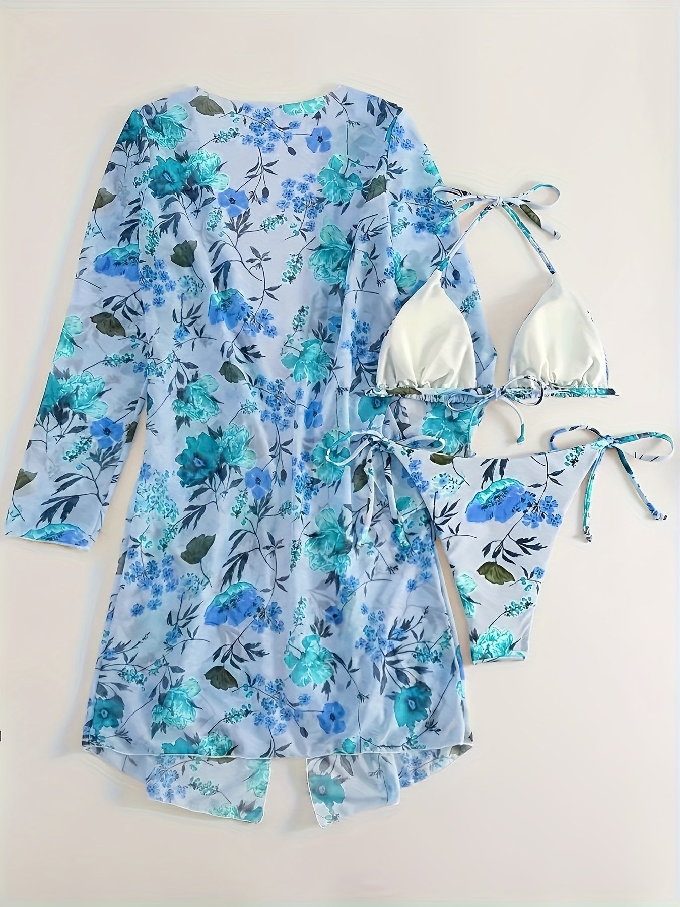 European Style Floral Print 3 Piece Swimsuit Set