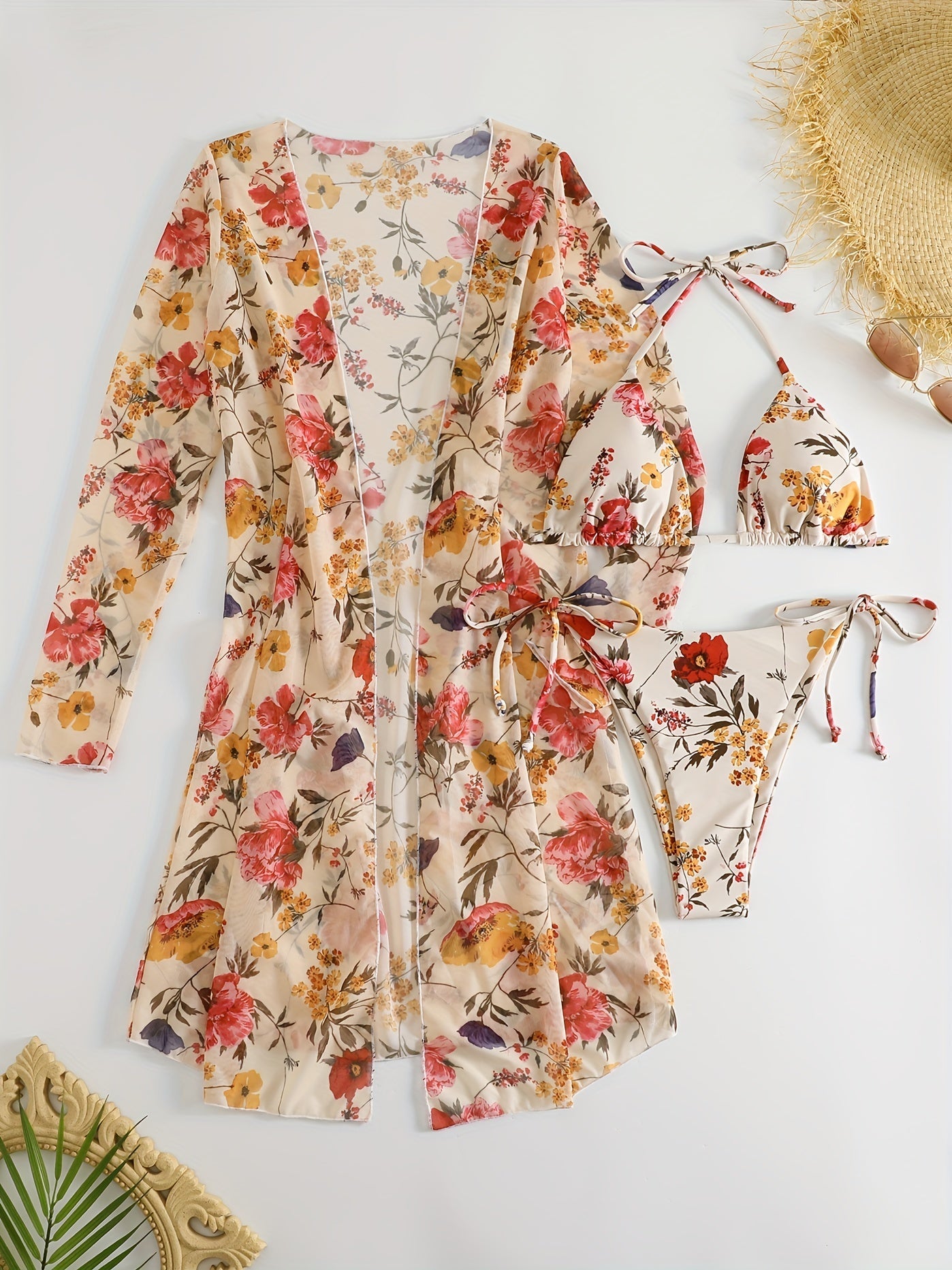 European Style Floral Print 3 Piece Swimsuit Set
