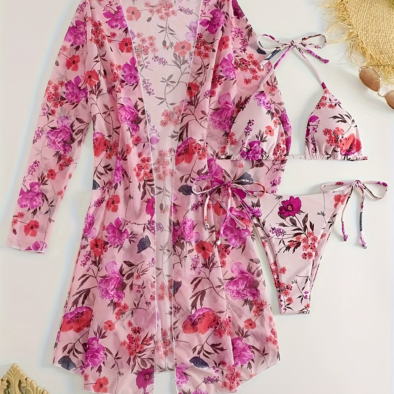 European Style Floral Print 3 Piece Swimsuit Set