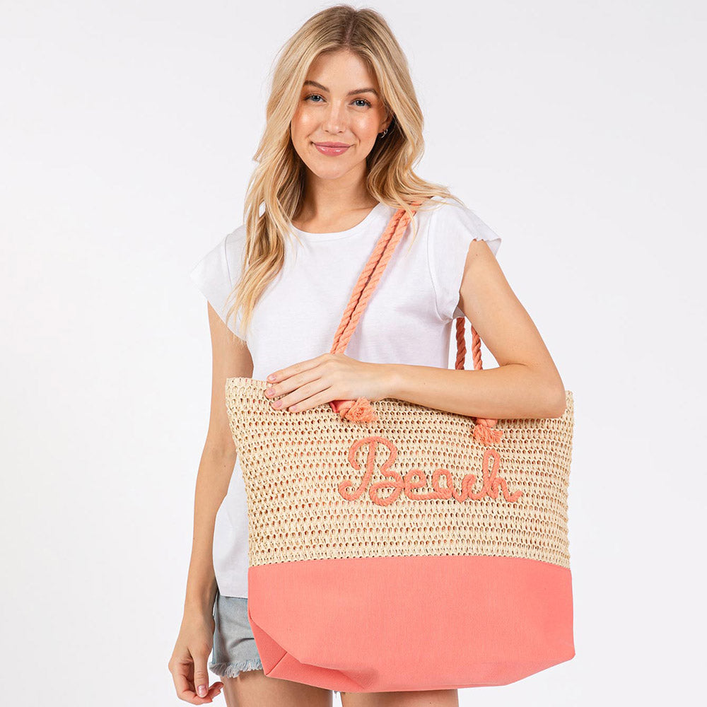 BEACH Message Embroidered Rope Handle Tote Beach Bag