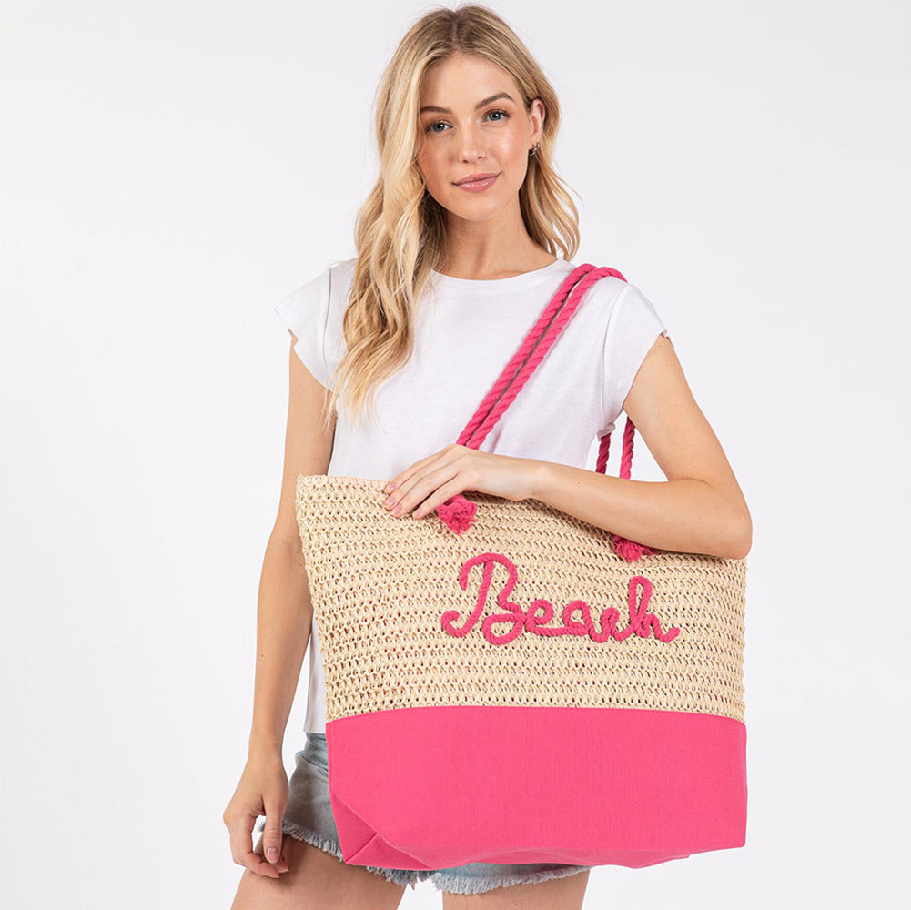 BEACH Message Embroidered Rope Handle Tote Beach Bag
