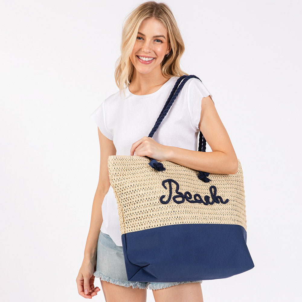 BEACH Message Embroidered Rope Handle Tote Beach Bag