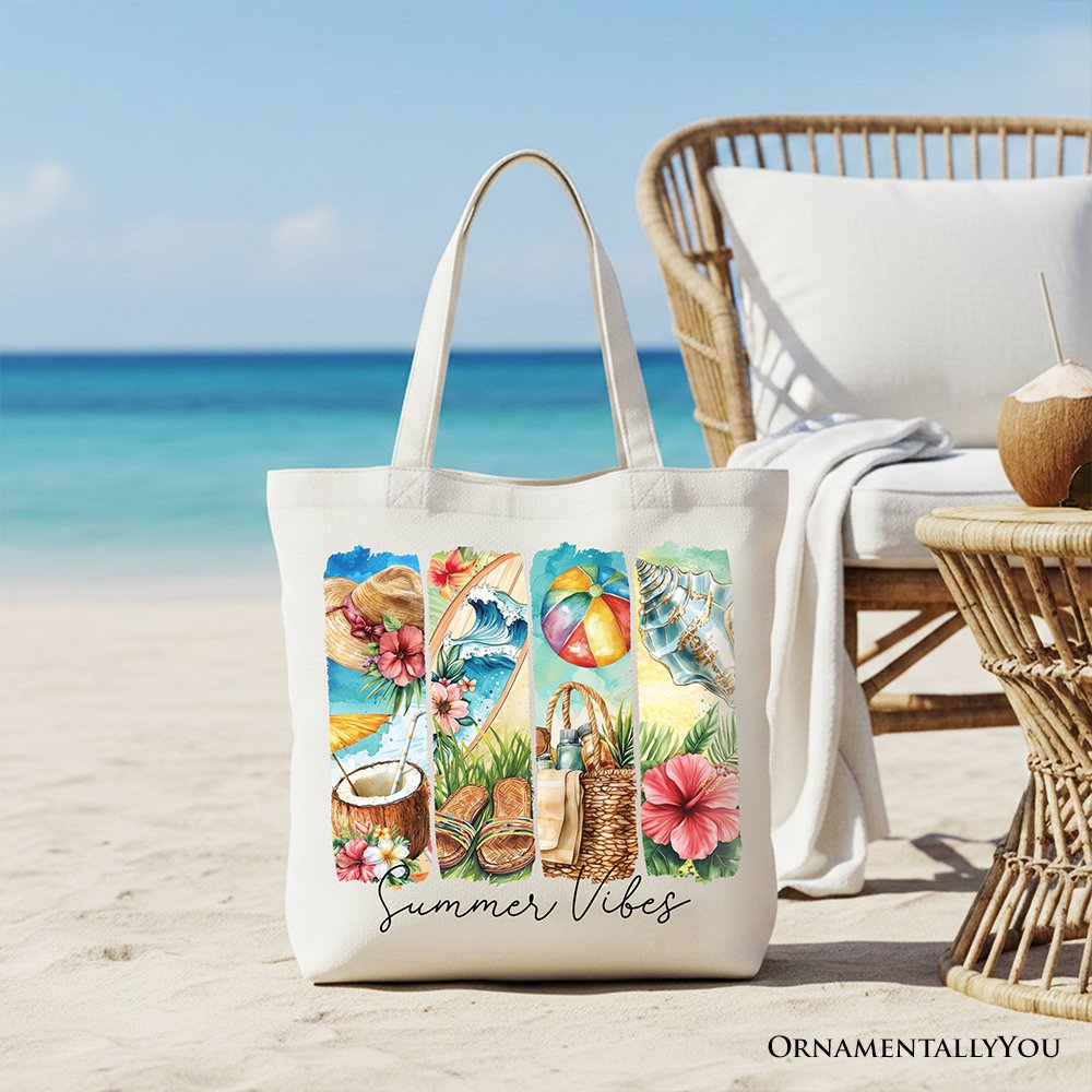 Summer Vibes Canvas Tote Bag, with Coconut and Flowers