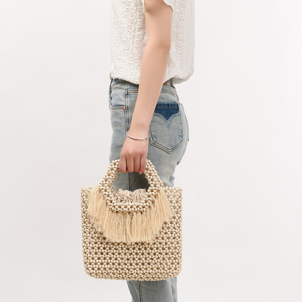 Beach Vacation Wooden Bead Bag – Handwoven Fringe Boho Handbag