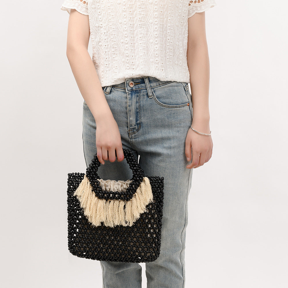 Beach Vacation Wooden Bead Bag – Handwoven Fringe Boho Handbag