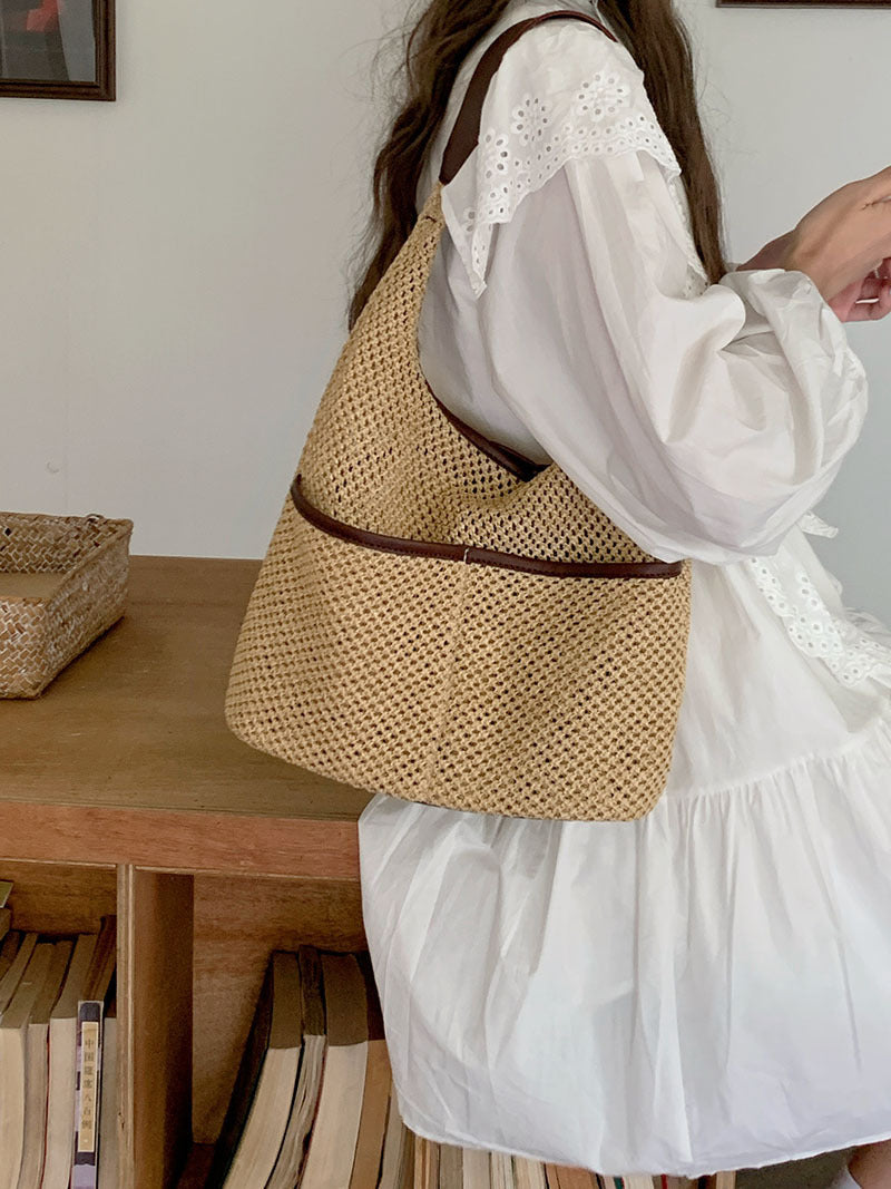 Lightweight Woven Straw Hobo Bag