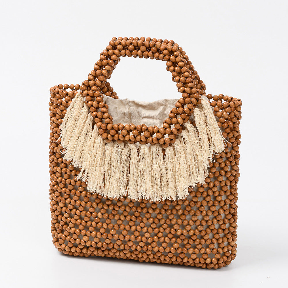 Beach Vacation Wooden Bead Bag – Handwoven Fringe Boho Handbag