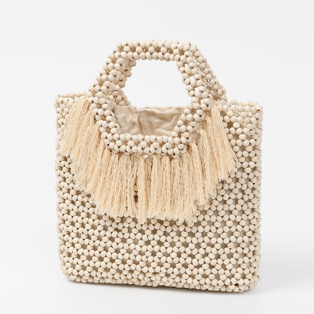 Beach Vacation Wooden Bead Bag – Handwoven Fringe Boho Handbag