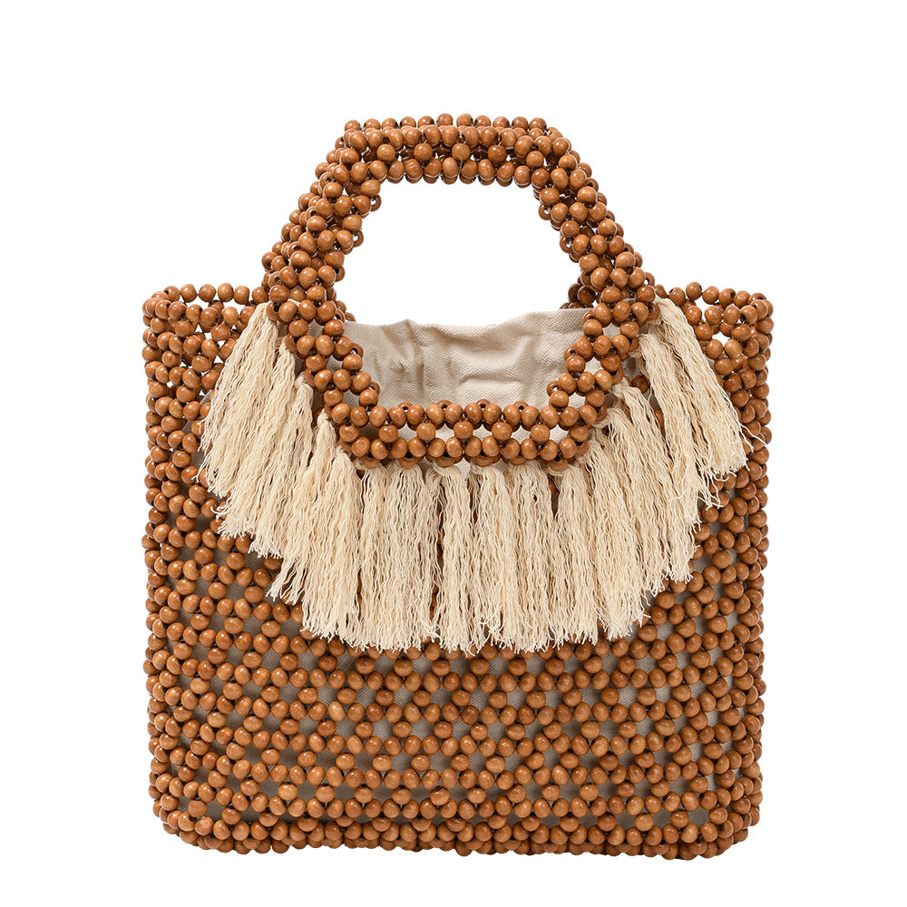 Beach Vacation Wooden Bead Bag – Handwoven Fringe Boho Handbag
