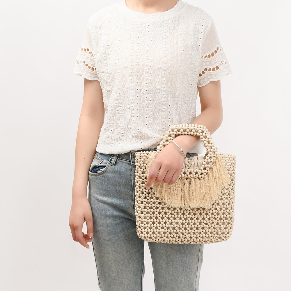 Beach Vacation Wooden Bead Bag – Handwoven Fringe Boho Handbag