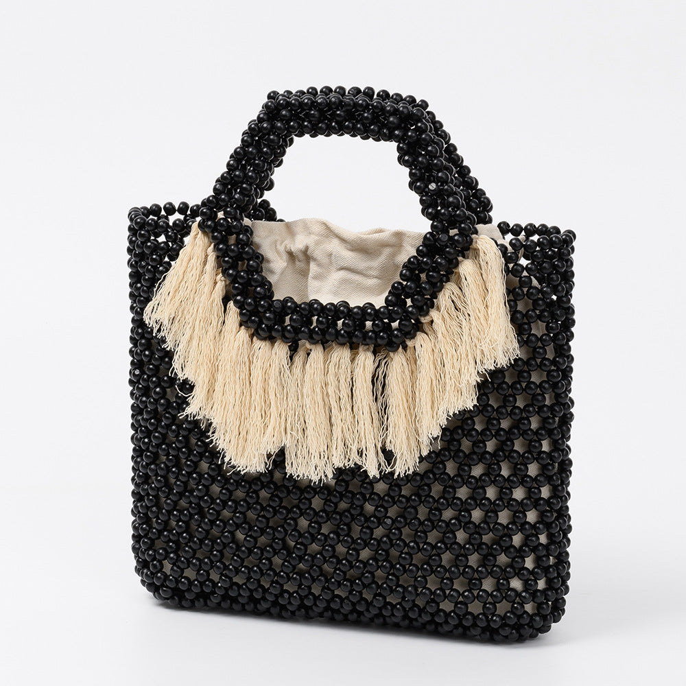 Beach Vacation Wooden Bead Bag – Handwoven Fringe Boho Handbag