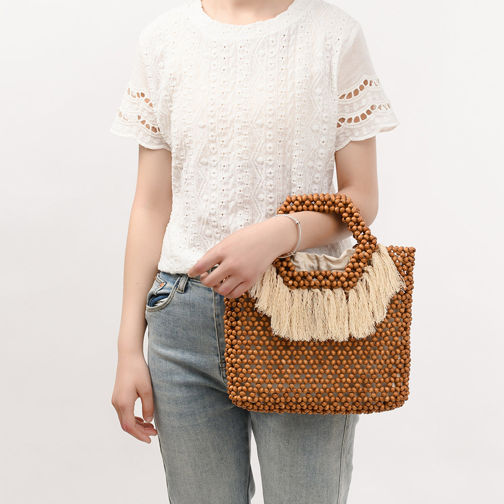 Beach Vacation Wooden Bead Bag – Handwoven Fringe Boho Handbag