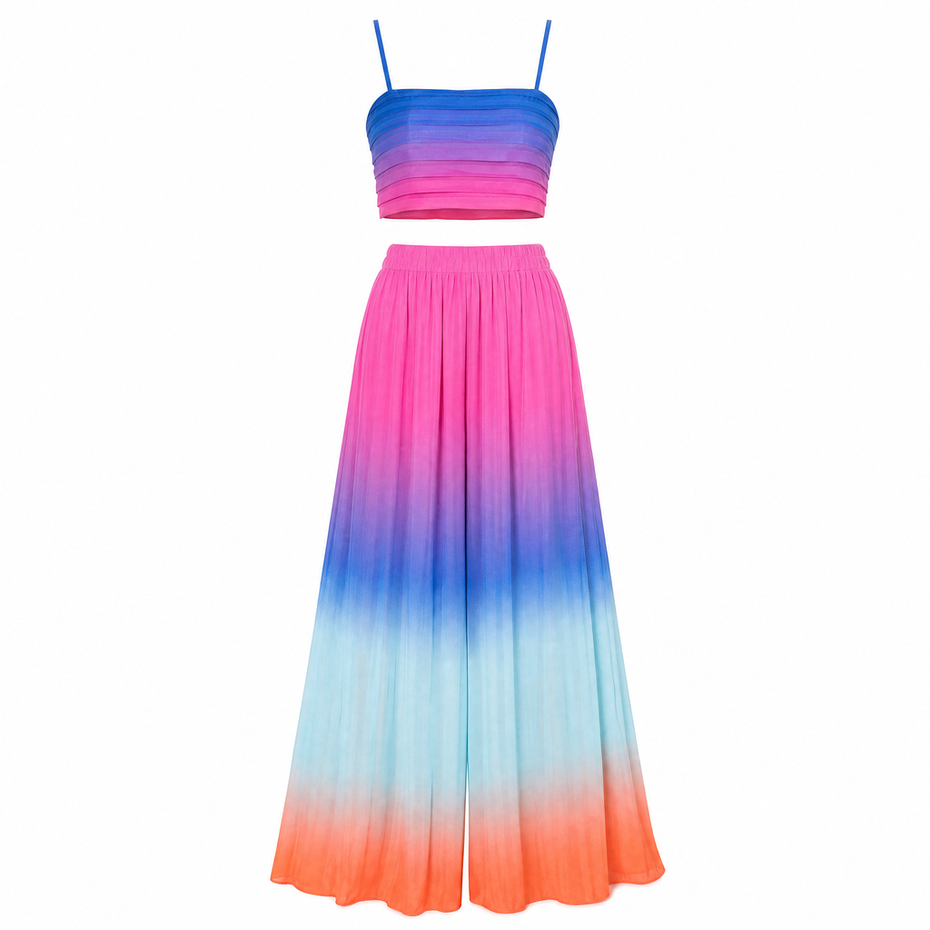 Ombre Pleated Bra Top & Wide Leg Pants Set | Rainbow Summer Beach Pool Attire