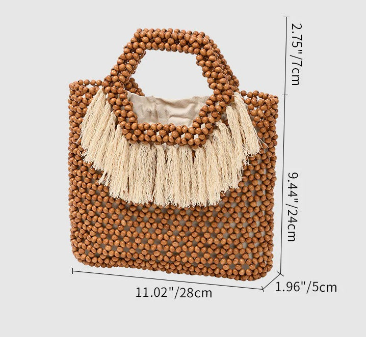 Beach Vacation Wooden Bead Bag – Handwoven Fringe Boho Handbag