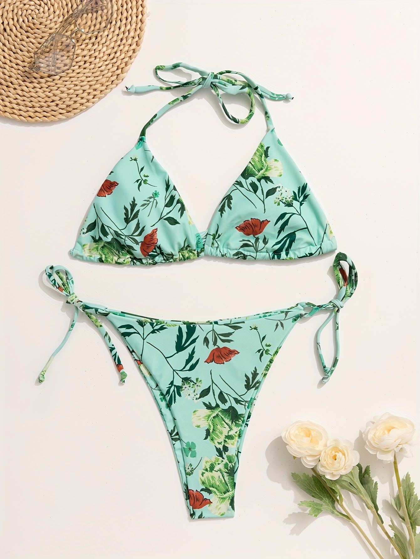 European Style Floral Print 3 Piece Swimsuit Set
