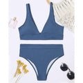Black Ribbed High-Waist V-Neck Bikini Set