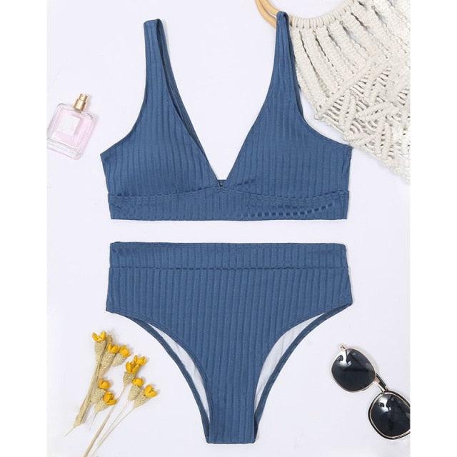 Black Ribbed High-Waist V-Neck Bikini Set
