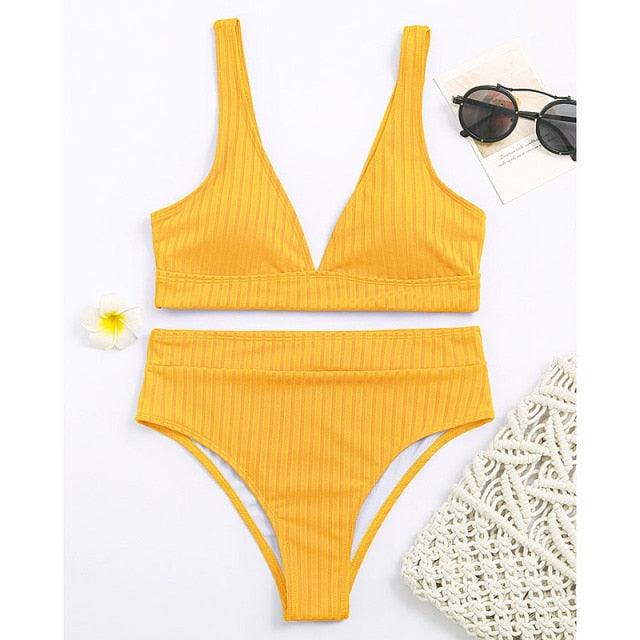 Black Ribbed High-Waist V-Neck Bikini Set