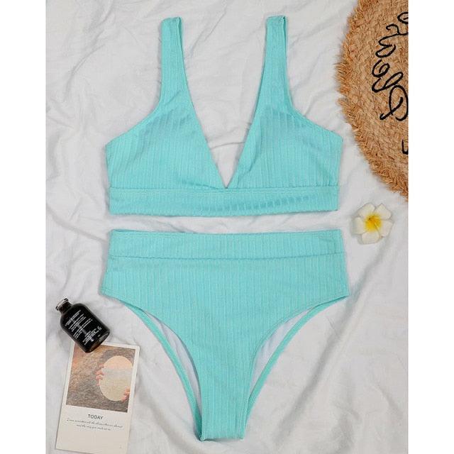 Black Ribbed High-Waist V-Neck Bikini Set