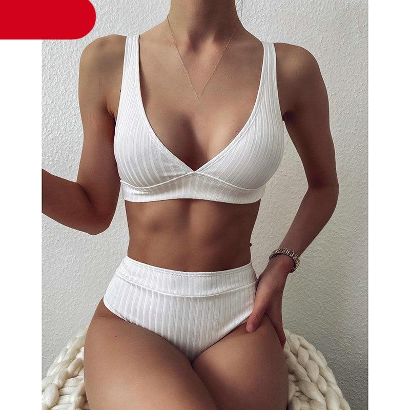 Black Ribbed High-Waist V-Neck Bikini Set