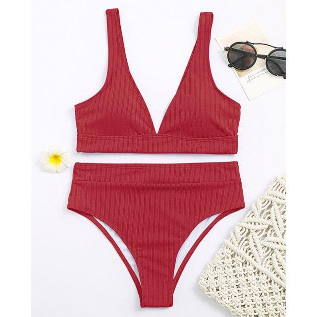 Black Ribbed High-Waist V-Neck Bikini Set