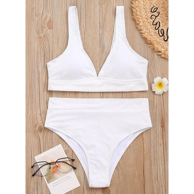 Black Ribbed High-Waist V-Neck Bikini Set