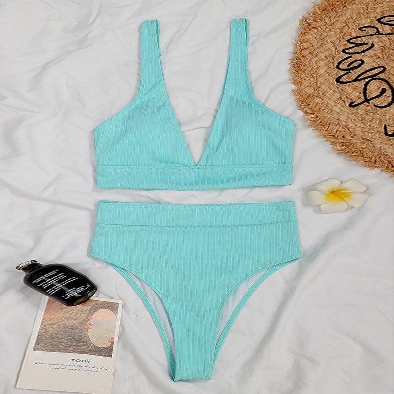 Black Ribbed High-Waist V-Neck Bikini Set