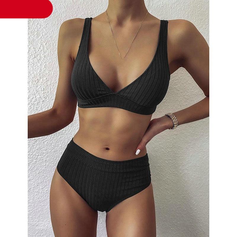 Black Ribbed High-Waist V-Neck Bikini Set