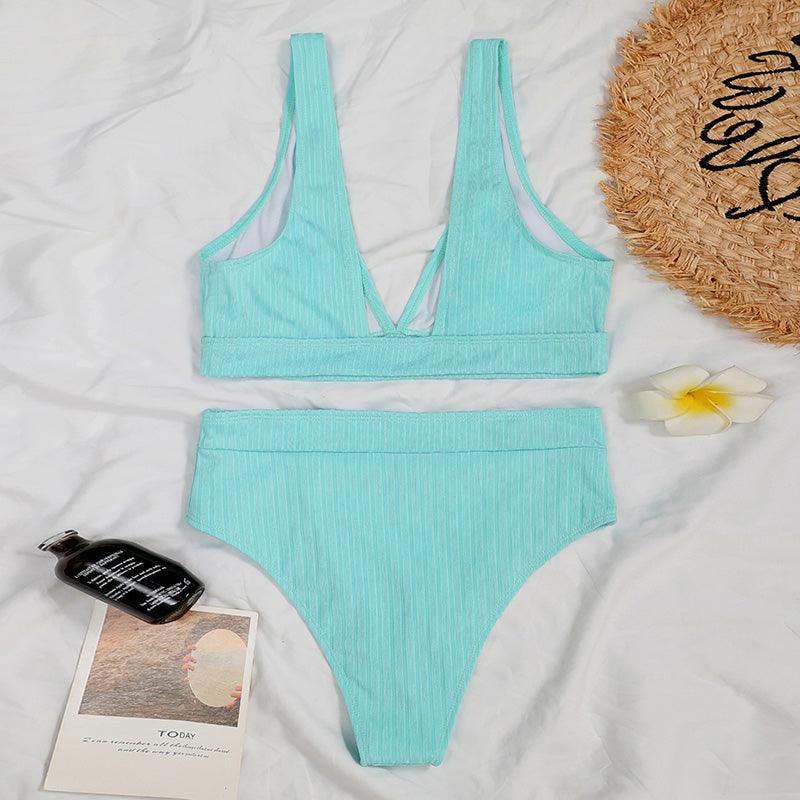 Black Ribbed High-Waist V-Neck Bikini Set