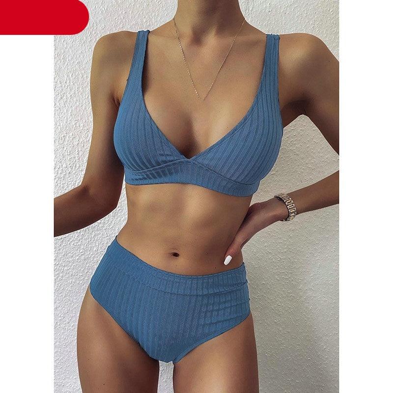 Black Ribbed High-Waist V-Neck Bikini Set