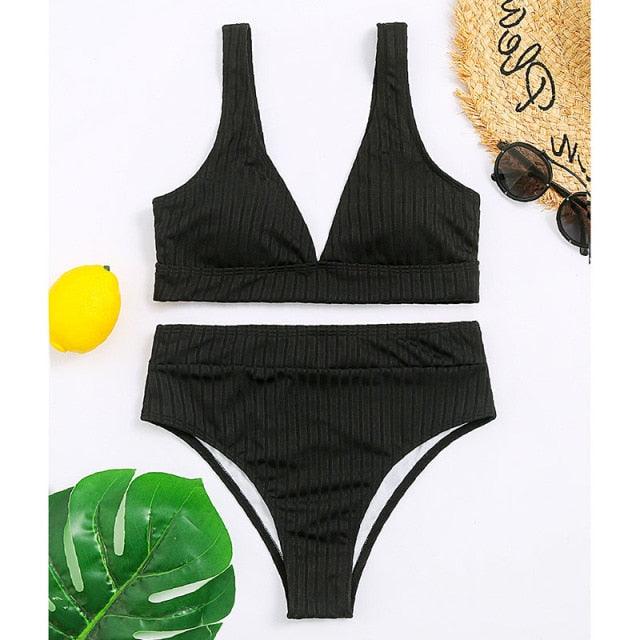 Black Ribbed High-Waist V-Neck Bikini Set