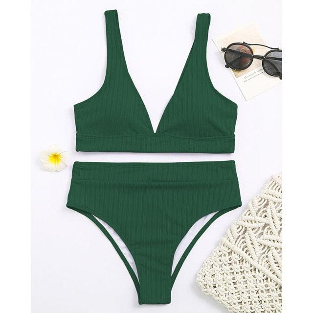 Black Ribbed High-Waist V-Neck Bikini Set