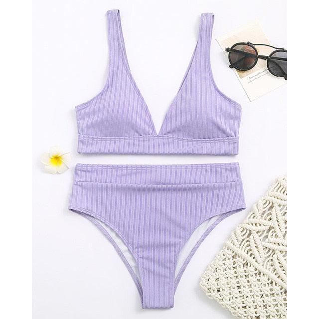 Black Ribbed High-Waist V-Neck Bikini Set