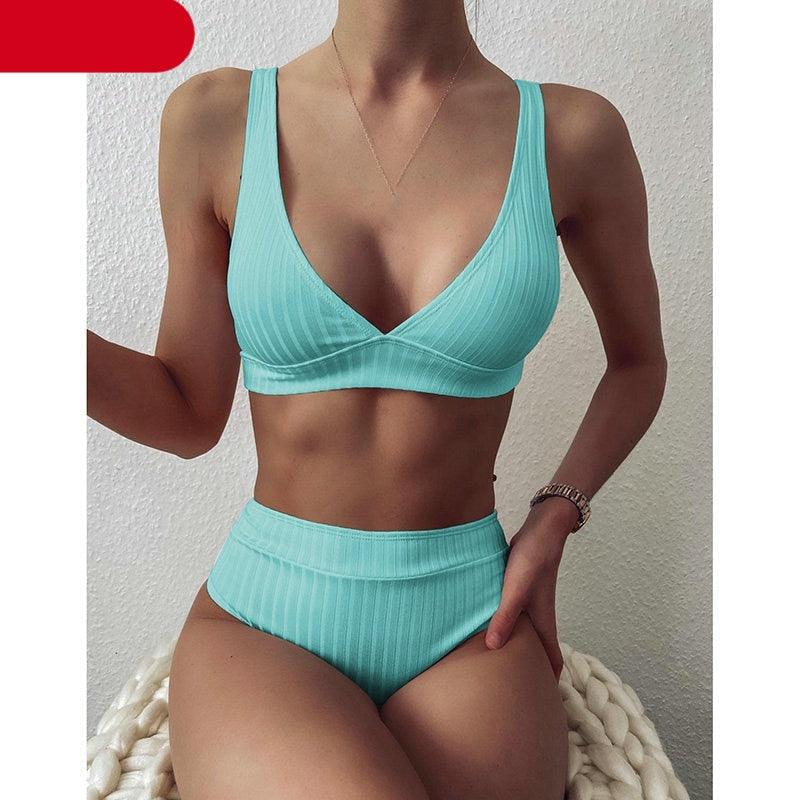 Black Ribbed High-Waist V-Neck Bikini Set