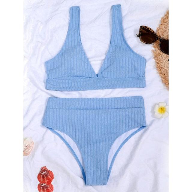 Black Ribbed High-Waist V-Neck Bikini Set