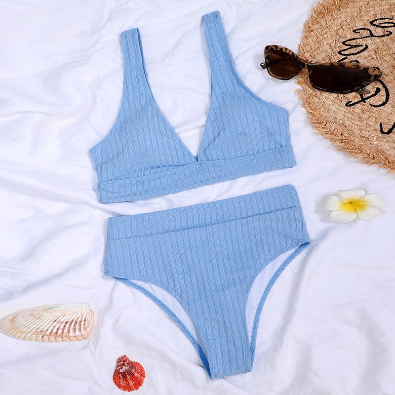 Black Ribbed High-Waist V-Neck Bikini Set
