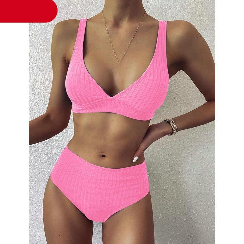 Black Ribbed High-Waist V-Neck Bikini Set