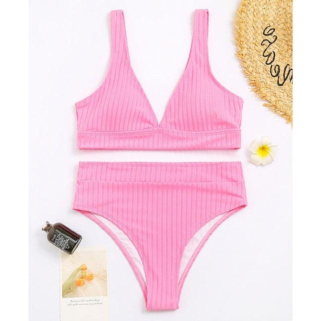 Black Ribbed High-Waist V-Neck Bikini Set