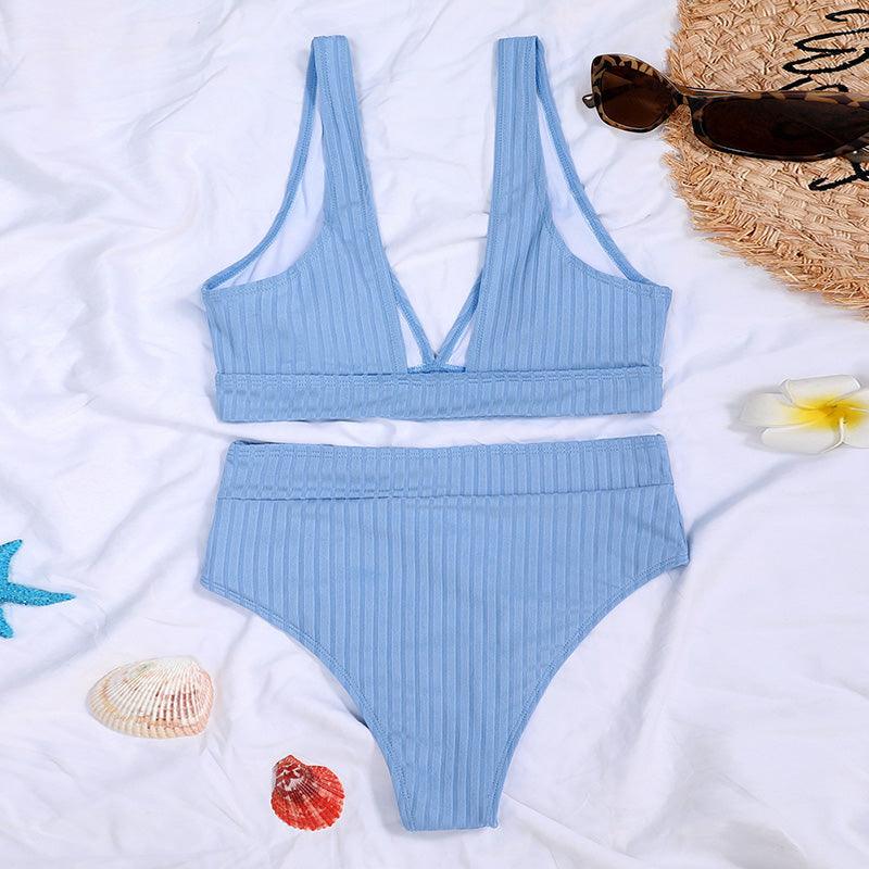 Black Ribbed High-Waist V-Neck Bikini Set