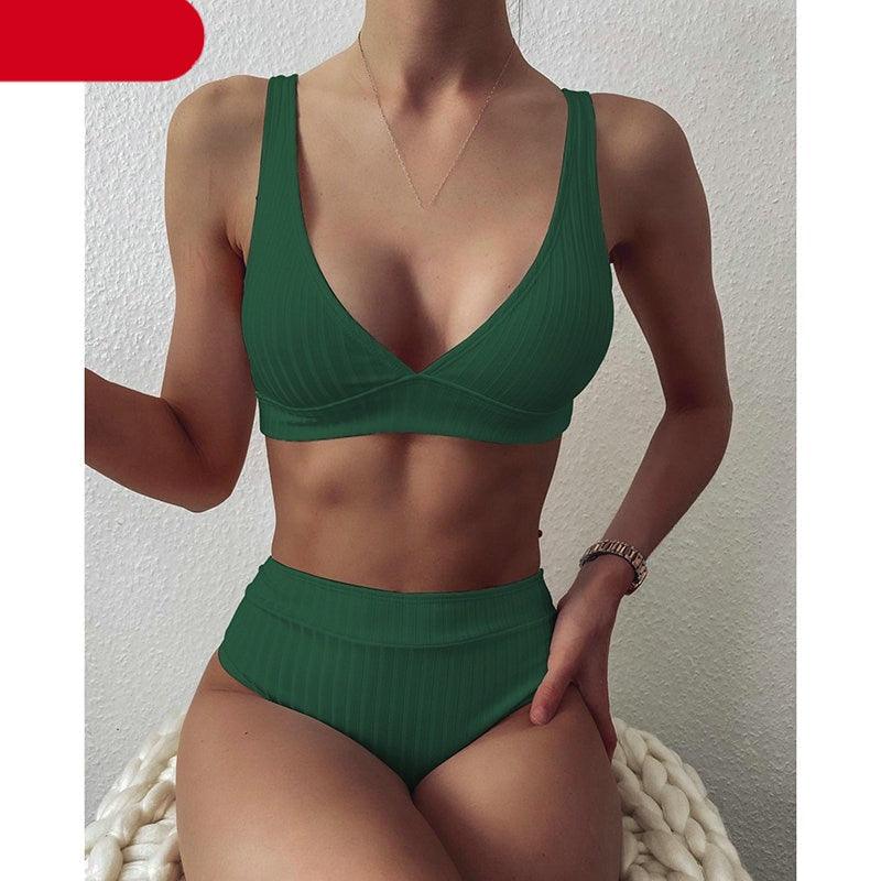 Black Ribbed High-Waist V-Neck Bikini Set