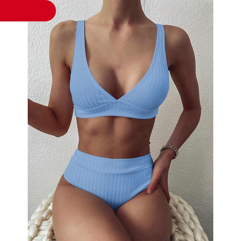 Black Ribbed High-Waist V-Neck Bikini Set