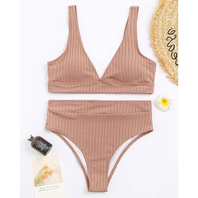 Black Ribbed High-Waist V-Neck Bikini Set