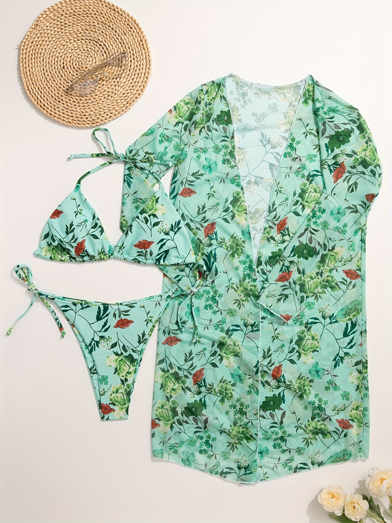 European Style Floral Print 3 Piece Swimsuit Set